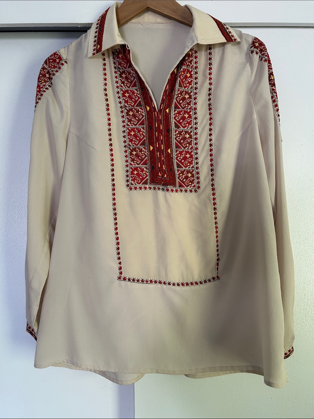 Vintage Baltic Embroidered Silk Shirt with Red Folk Panel